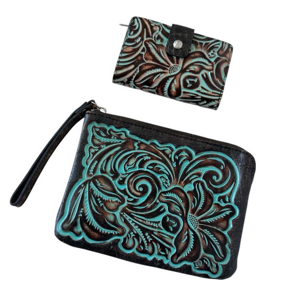 Patricia Nash Cassini Wristlet & Wallet Tooled Brown Turquoise Leather Floral